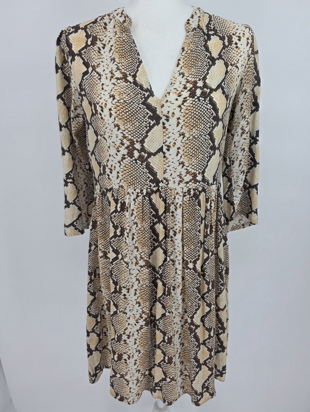 Maeve Anthropologie Snake Print V Neck Dress XS Brown Beige 3/4 Sleeveโ